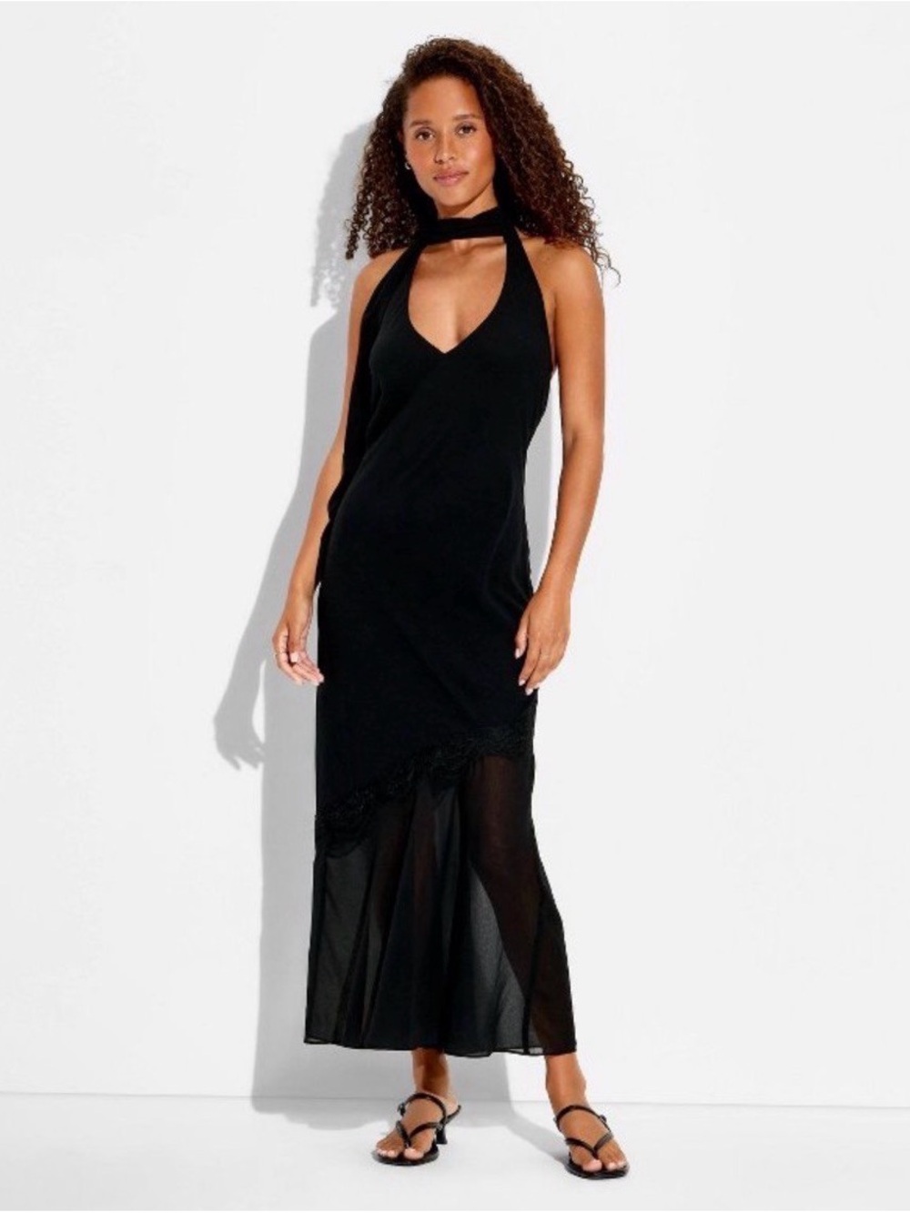 NWT Wild Fable Women's Halter Scarf Maxi Dress Black Sz S Sheer Hem Flowy